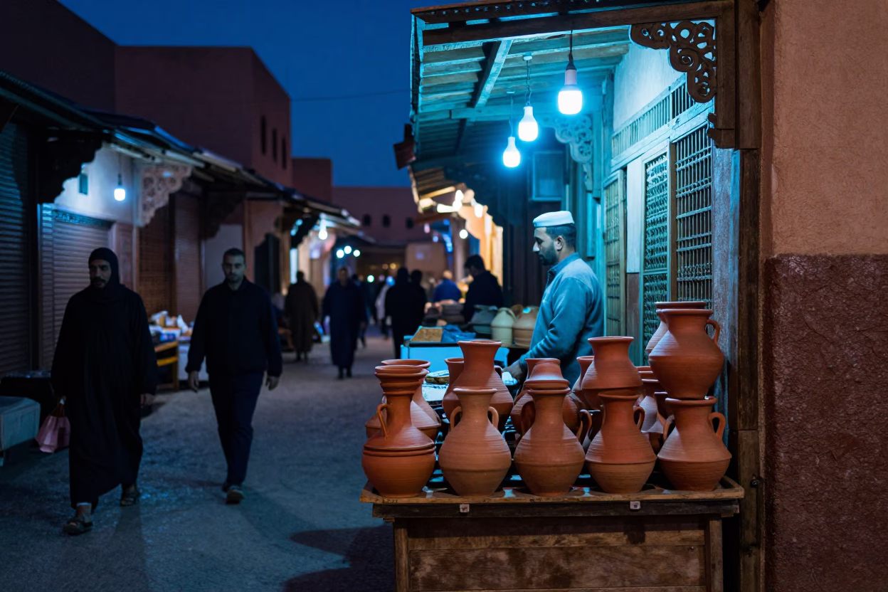 Midnight Marrakech Street Scene with Neon Lights and Traditional Clay Pots in in Marrakech, Morocco