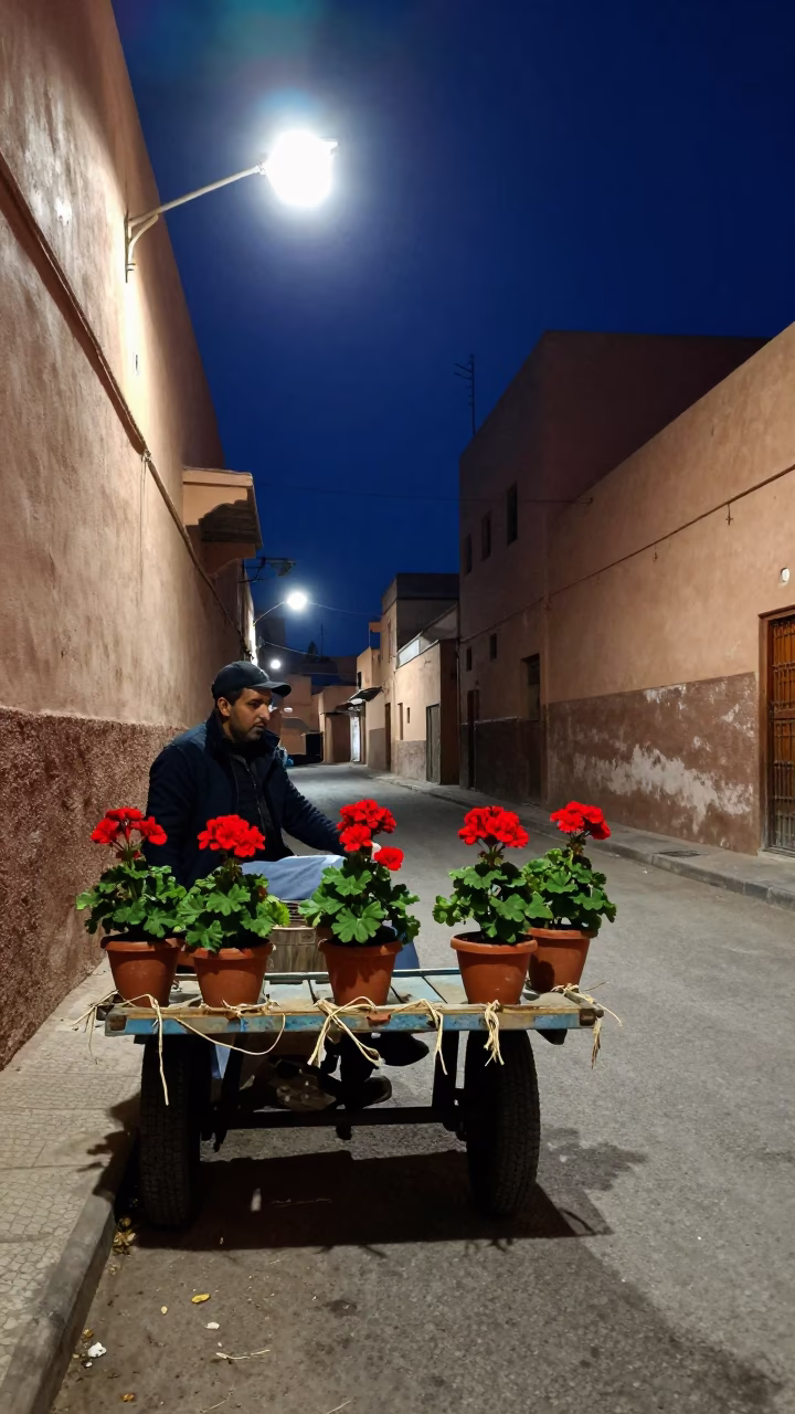 Midnight Marrakech Street Scene with Potted Geraniums and Twine Fibers in Morocco in in Marrakech, Morocco