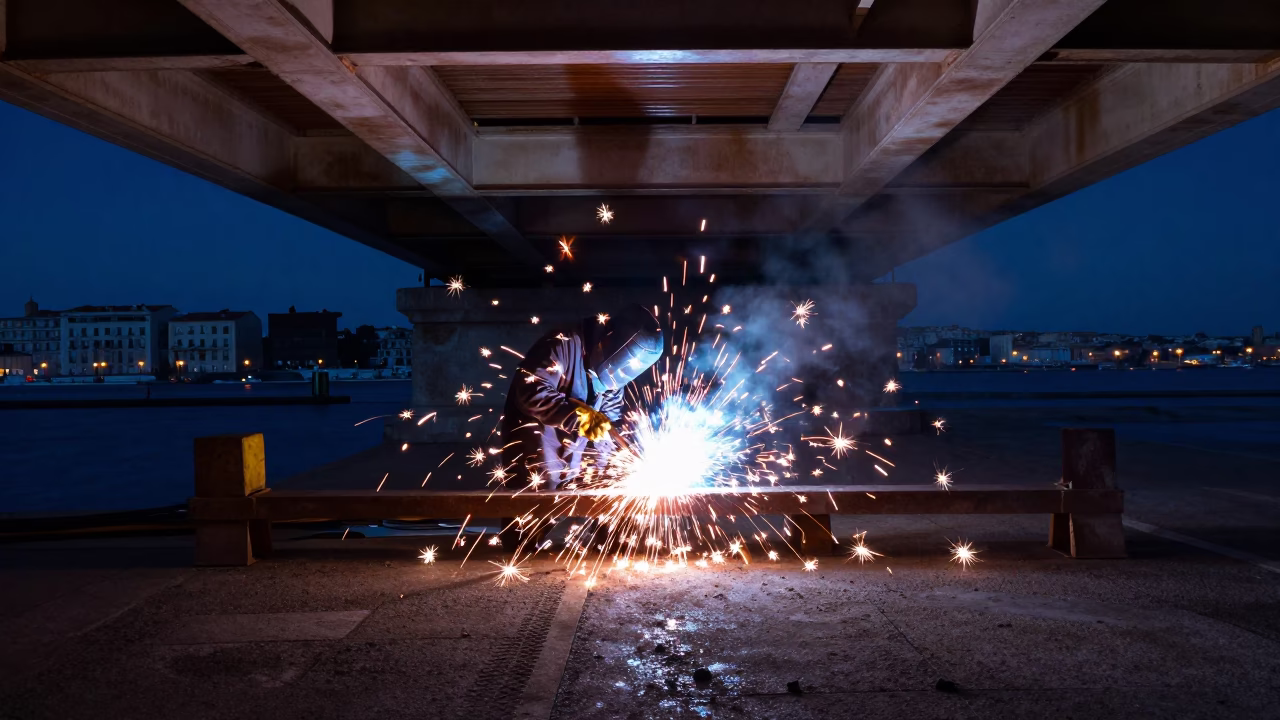 Midnight Marseille Harbor Welding Sparks Under Construction Bridge Realistic Street Photography in in Marseille, France