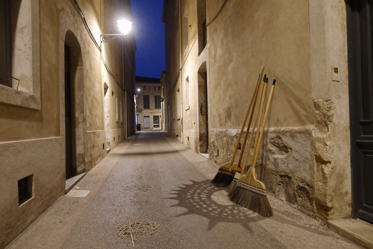 Midnight Marseille Street Scene with Brooms and Wicker Shadow in in Marseille, France