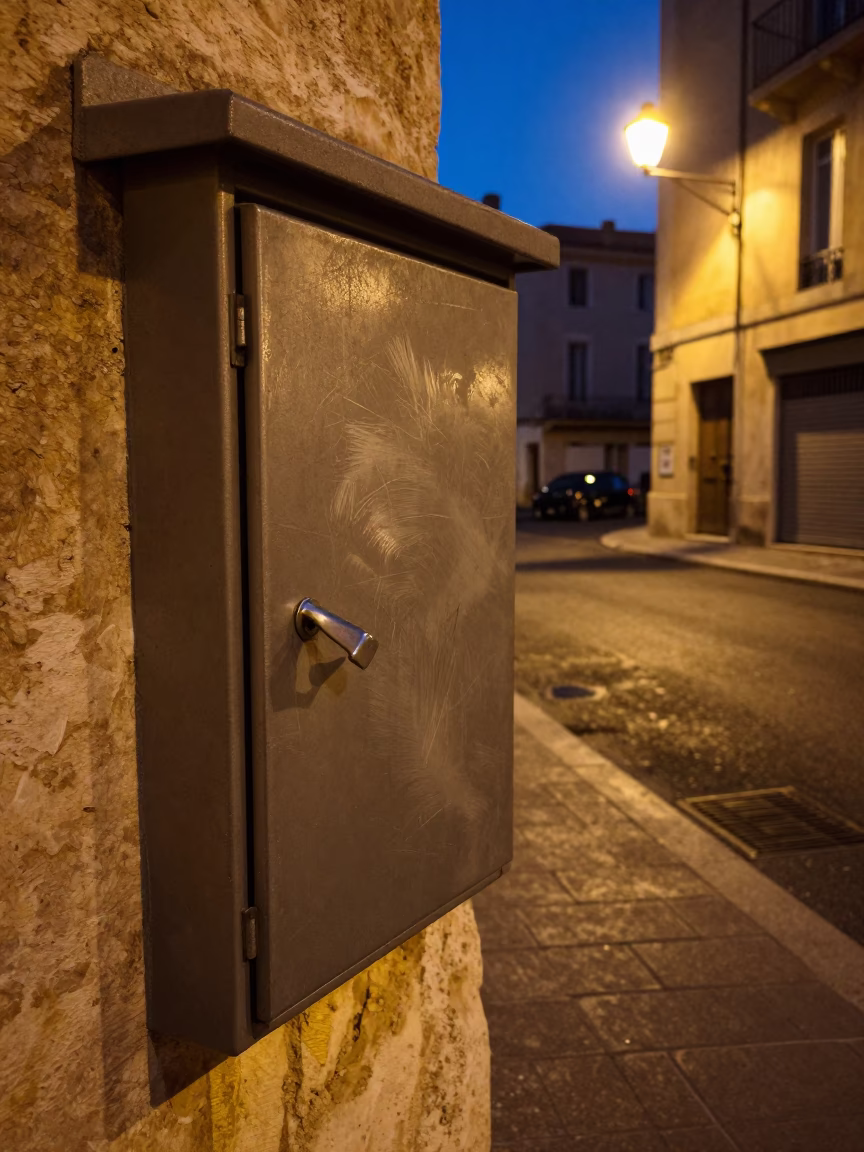 Midnight Marseille Street Scene with Brushed Steel and Scratched Lamp Base in in Marseille, France