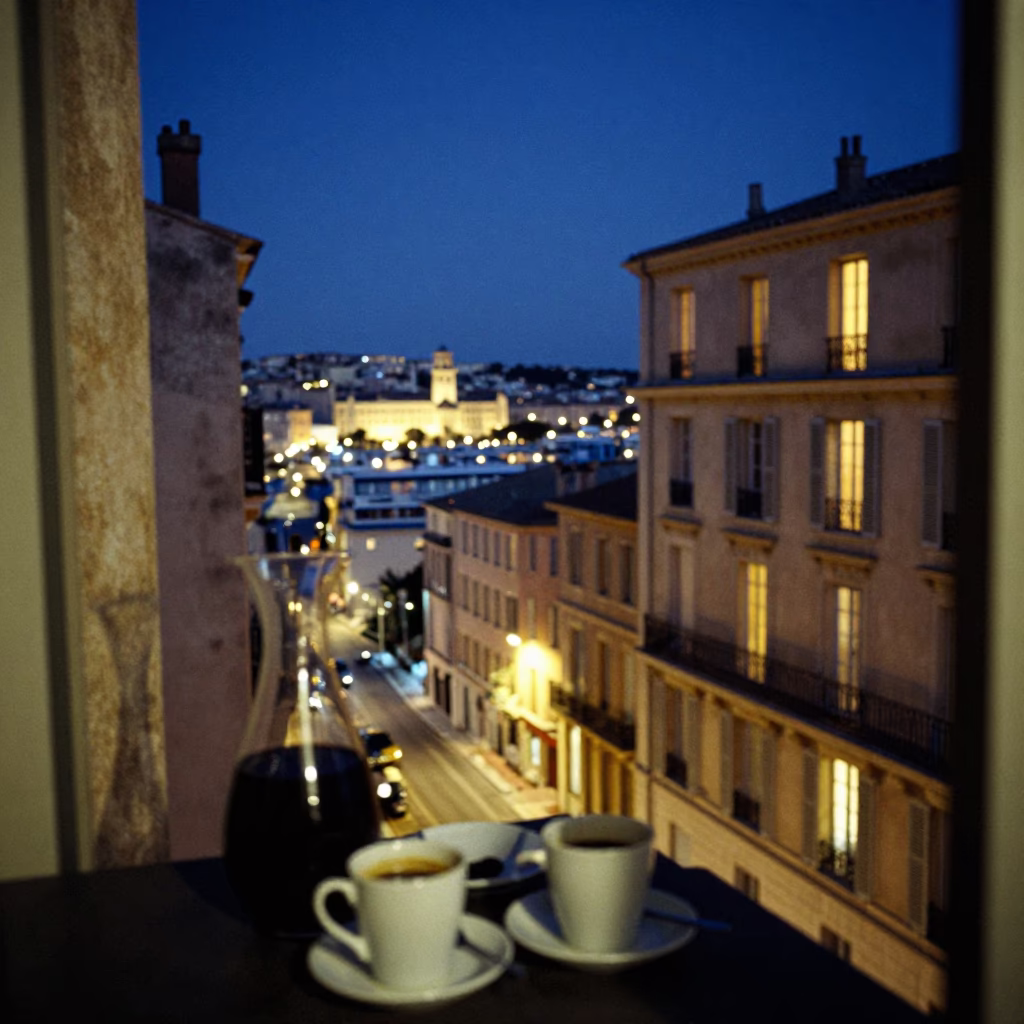 Midnight Marseille street scene with carafe and coffee mugs on balcony in in Marseille, France