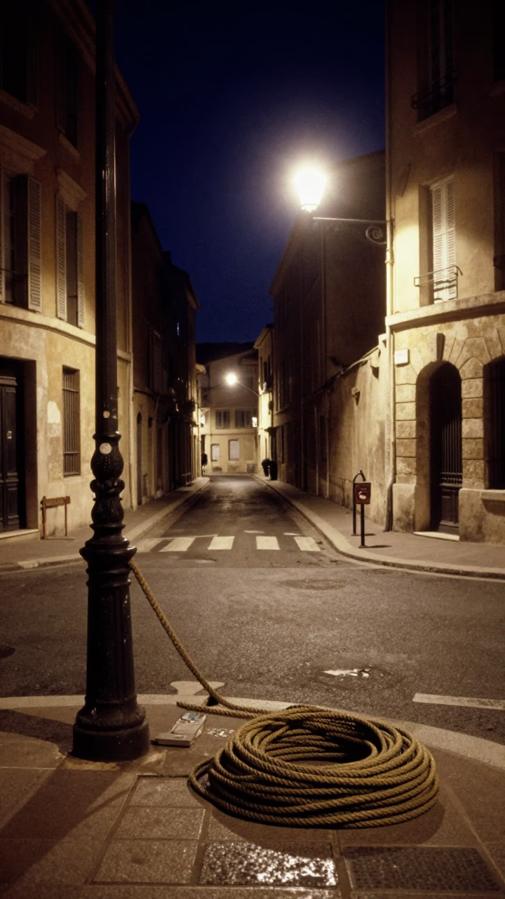 Midnight Marseille Street Scene with Coiled Rope and Vintage 1970s Aesthetic in in Marseille, France