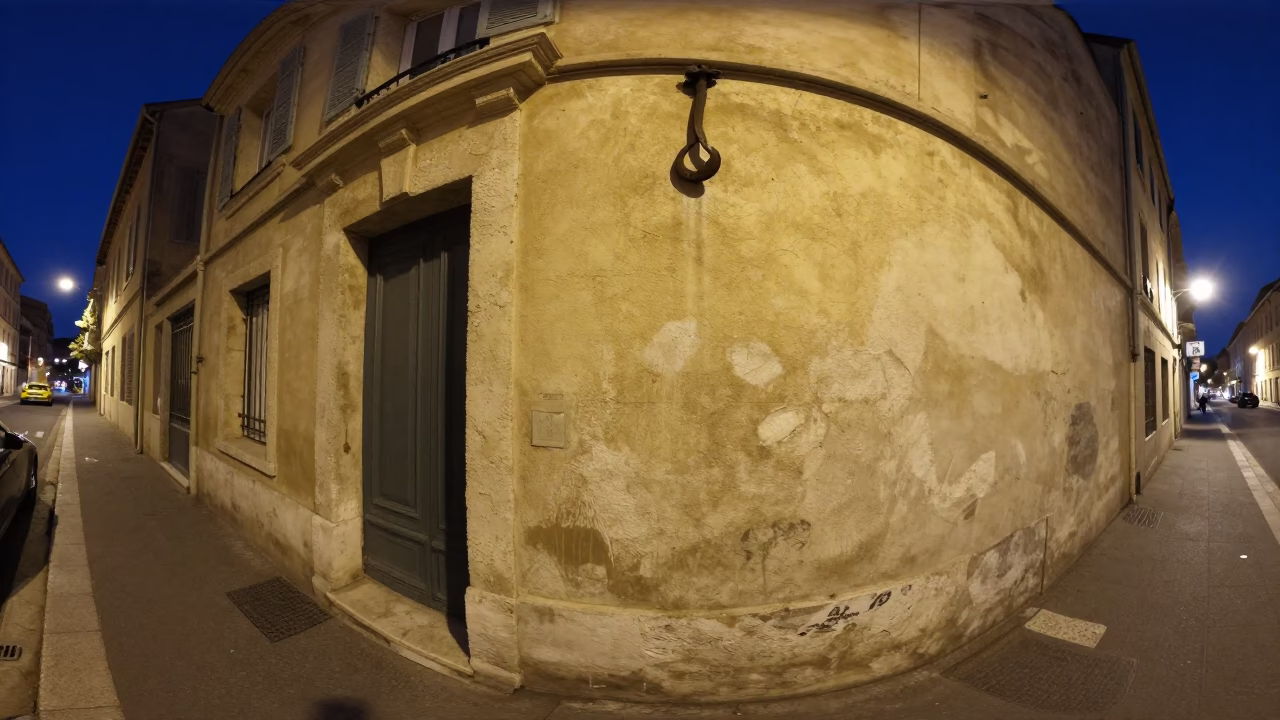 Midnight Marseille Street Scene with Iron Hook and Smudged Plaster Wall in in Marseille, France