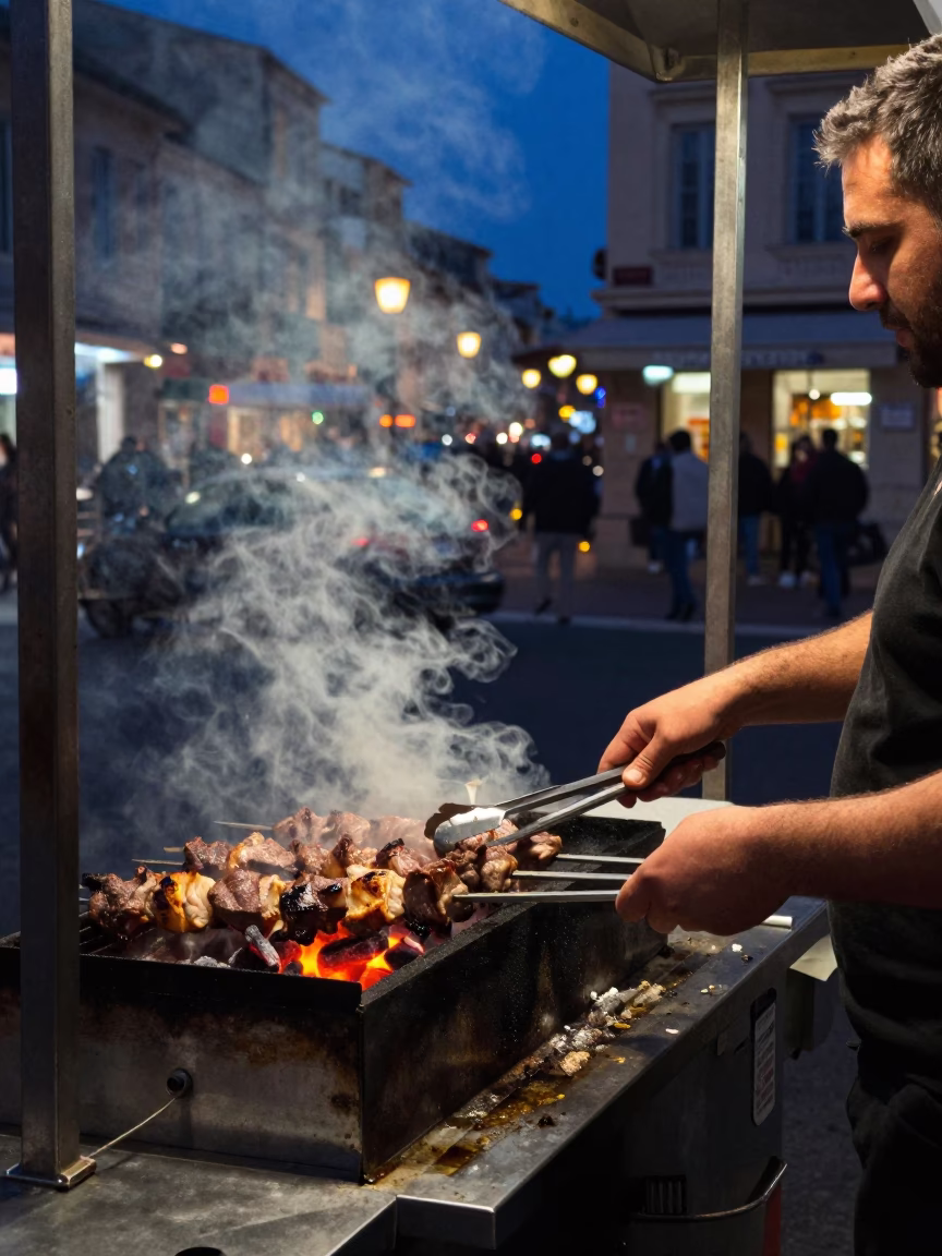 Midnight Marseille street scene with kebab grill and local interaction in in Marseille, France