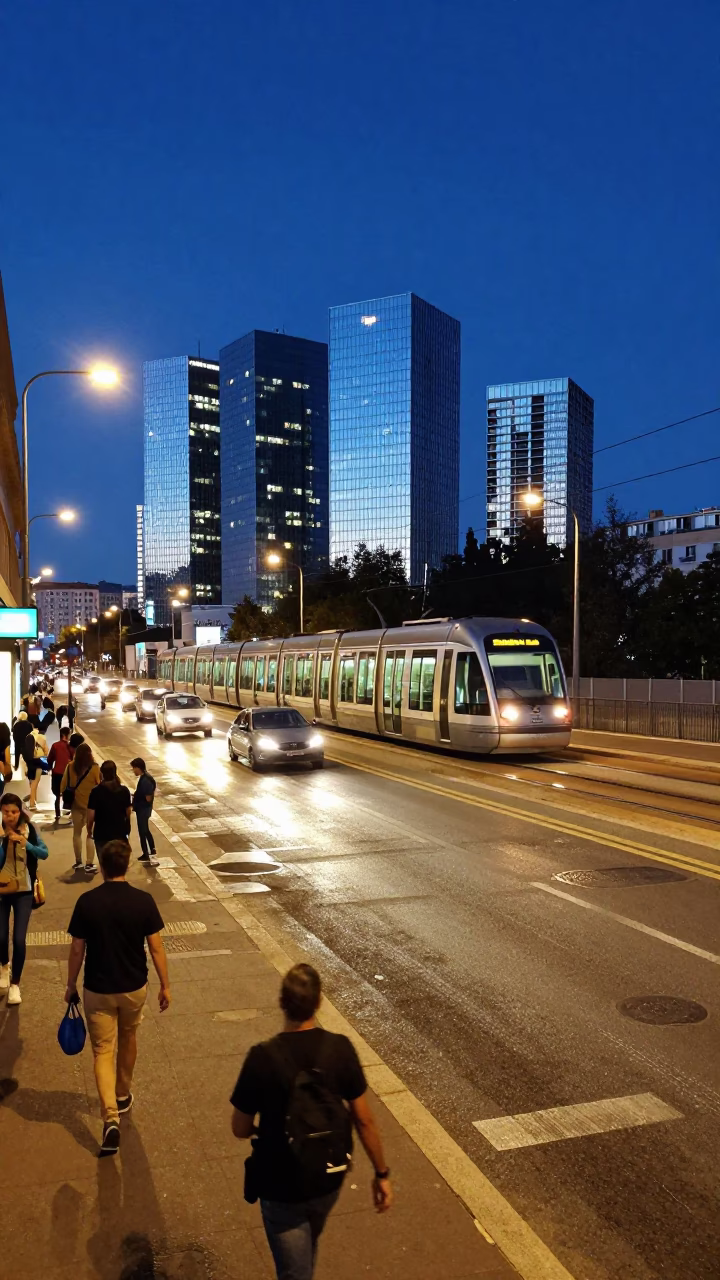 Midnight Marseille Street Scene with Monorail and Urban Activity in in Marseille, France