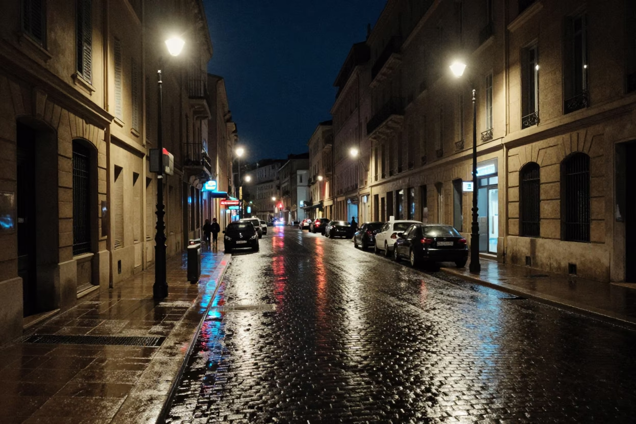Midnight Marseille Street Scene with Neon Reflections and Urban Architecture in in Marseille, France