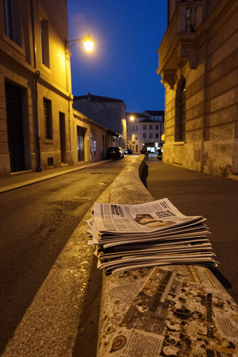Midnight Marseille Street Scene with Newspaper Stack and Condensation on Shelf Bracket in in Marseille, France