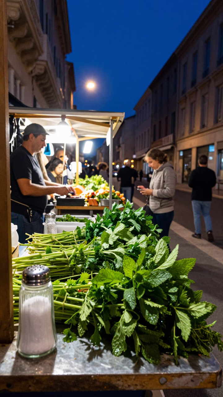 Midnight Marseille Street Scene with Salt Shaker and Herb Vendor in in Marseille, France