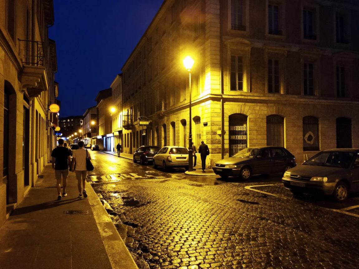Midnight Marseille Street Scene with Vintage 1960s Aesthetic and Urban Details in in Marseille, France