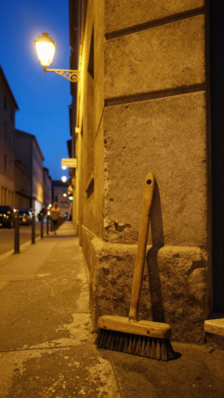 Midnight Marseille Street Scene with Vintage Coat Brush and Magazine Rack in in Marseille, France