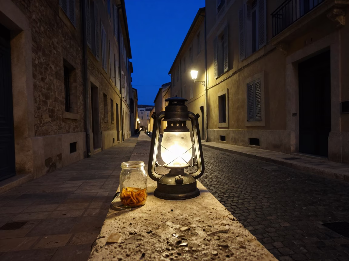Midnight Marseille street scene with vintage hurricane lamp and jam jar on cobblestone in in Marseille, France