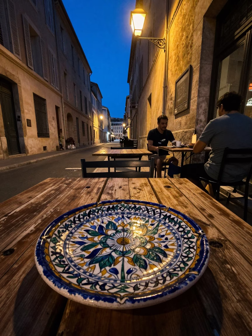 Midnight Marseille Street Scene with Vintage Majolica Plate and Brass Escutcheon Detail in in Marseille, France