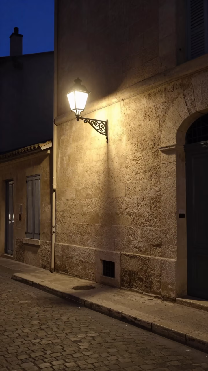 Midnight Marseille street scene with wall sconce and vintage car in in Marseille, France