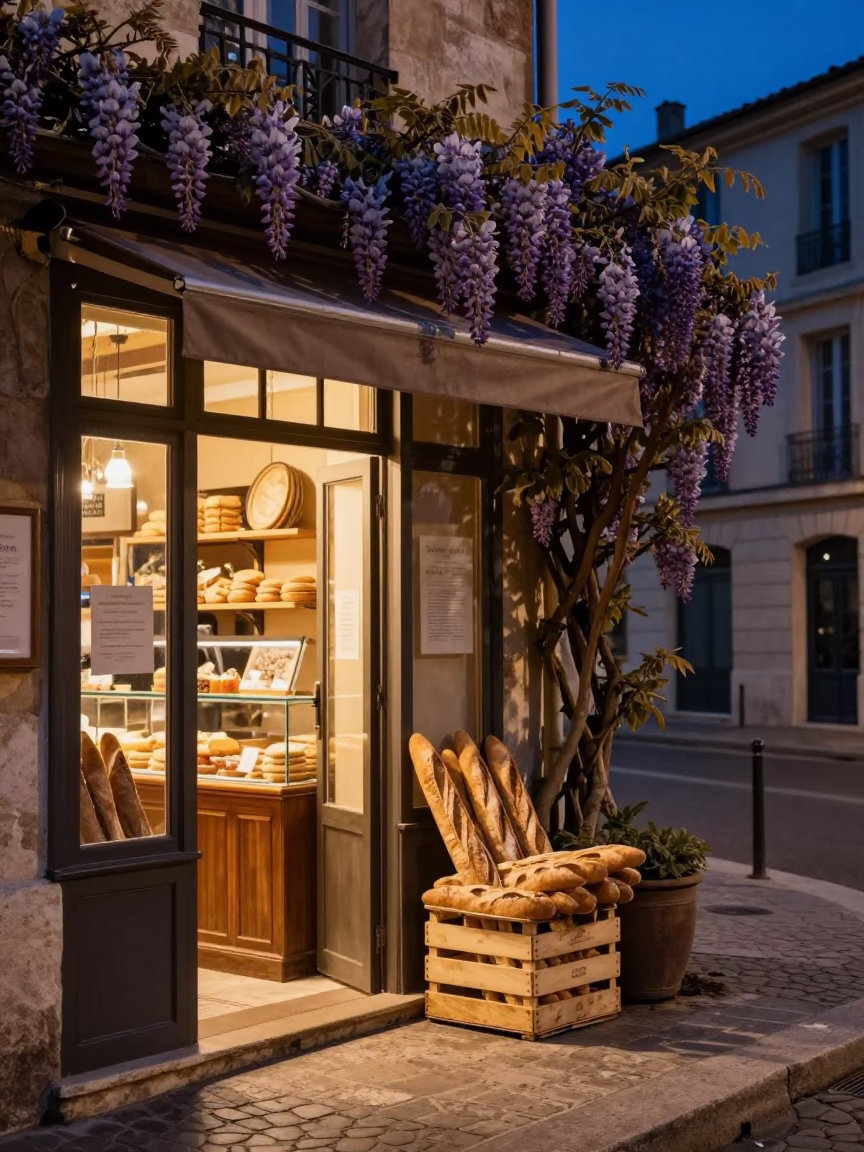 Midnight Marseille Street Scene with Wisteria and Baguettes Outside Local Boulangerie in in Marseille, France