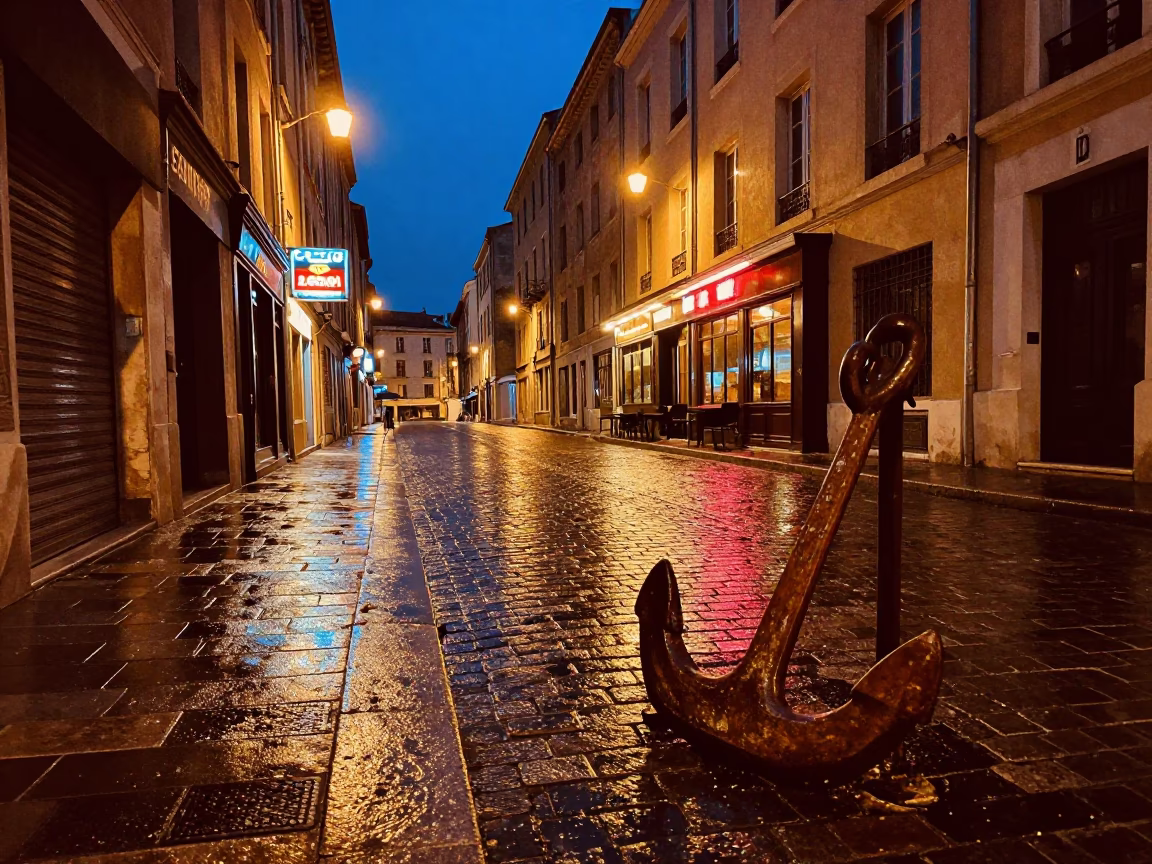 Midnight Marseille Street Scene with Wooden Fishing Boat Anchor and Urban Reflections in in Marseille, France