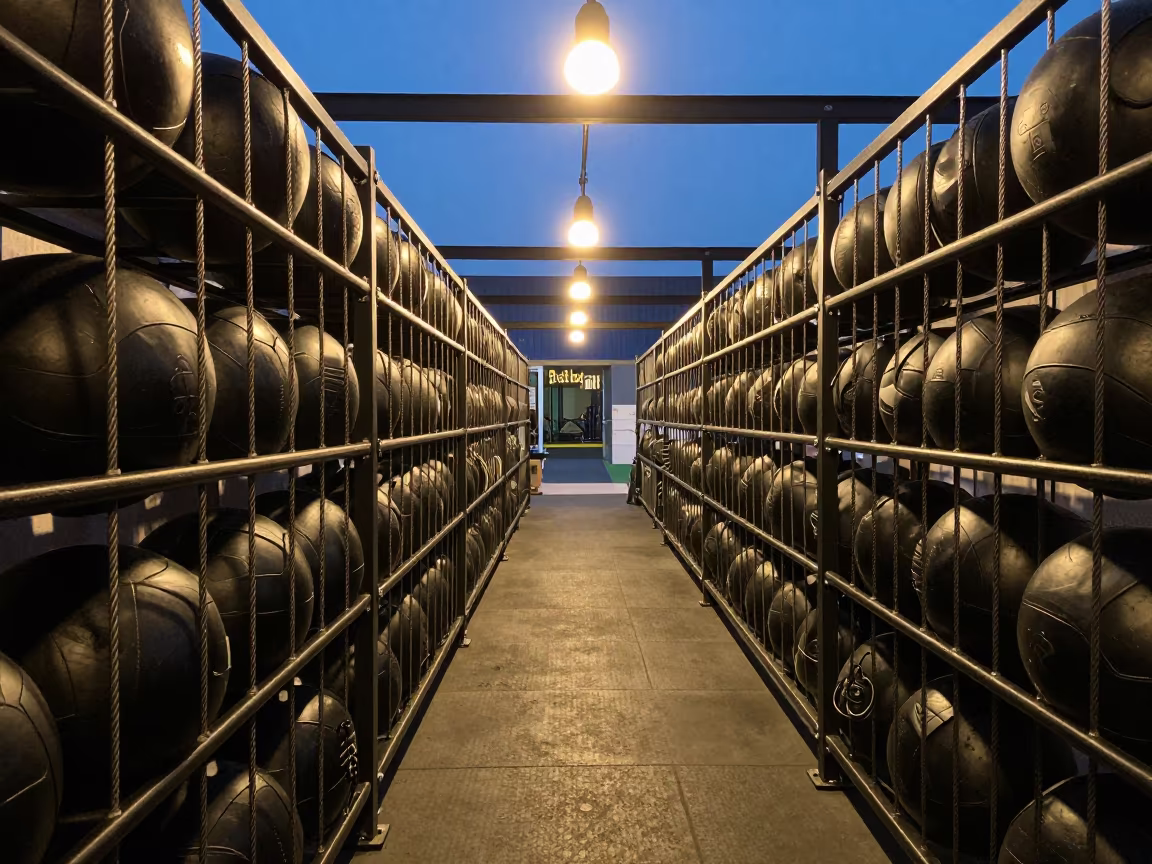 Midnight Medicine Ball Cage Second Sun in inside a strength room in Franceville