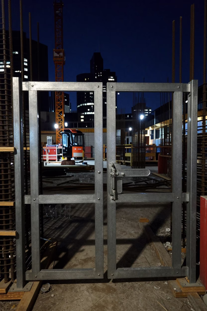 Midnight Melbourne Construction Site with Rebar and Glass Tumblers Under Streetlight in in Melbourne, Victoria, Australia