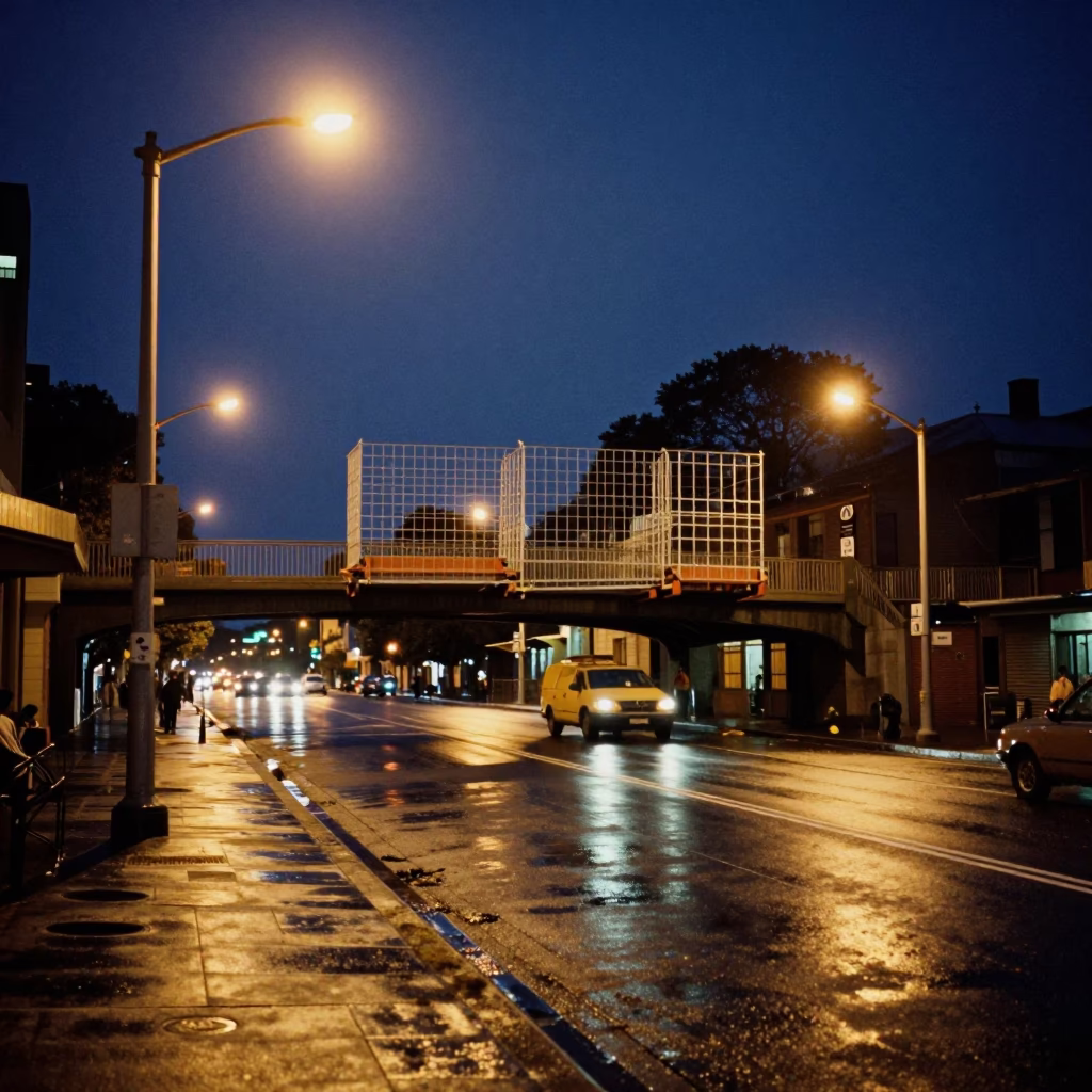 Midnight Melbourne Street Scene with Bridge Maintenance Cage and Urban Drainage Details in in Melbourne, Victoria, Australia