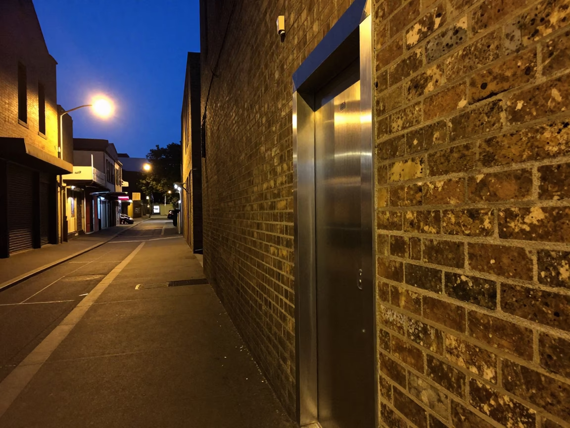 Midnight Melbourne Street Scene with Brushed Steel Doorframe and Glass Latch Detail in in Melbourne, Victoria, Australia