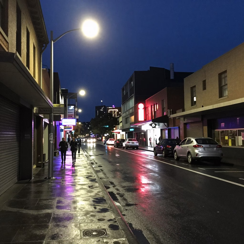 Midnight Melbourne Street Scene with Colorful Neon Lights and Urban Details in in Melbourne, Victoria, Australia
