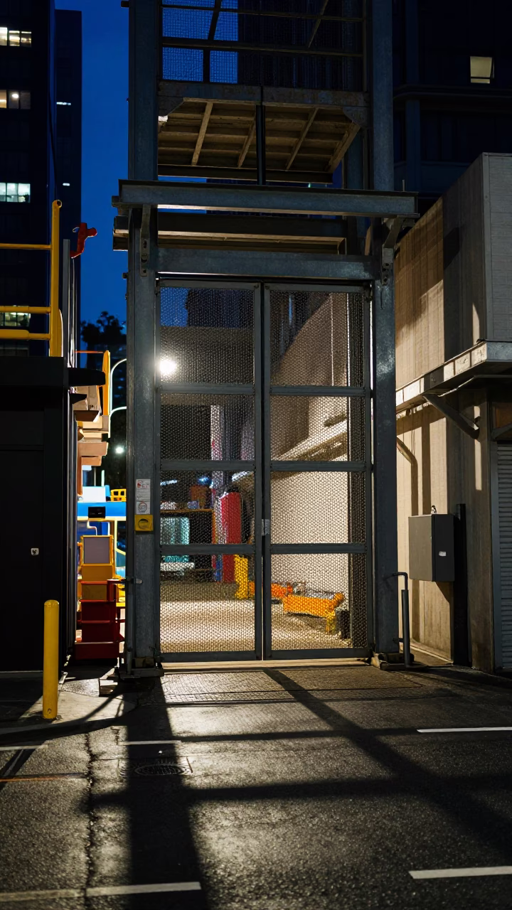 Midnight Melbourne Street Scene with Construction Elevator Gate and Rebar Bundles in in Melbourne, Victoria, Australia