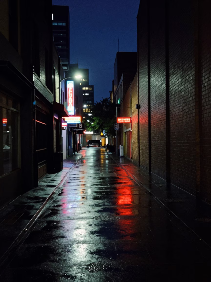 Midnight Melbourne Street Scene with Neon Reflections and Urban Architecture in in Melbourne, Victoria, Australia
