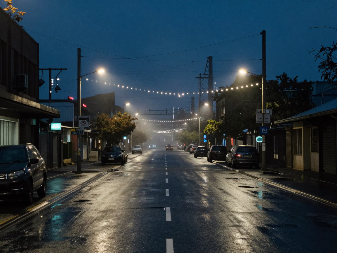 Midnight Melbourne Street Scene with String Lights and Industrial Catenary Fog in in Melbourne, Victoria, Australia