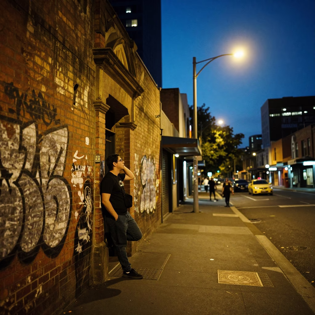 Midnight Melbourne Street Scene with Traveler and Urban Details in in Melbourne, Victoria, Australia