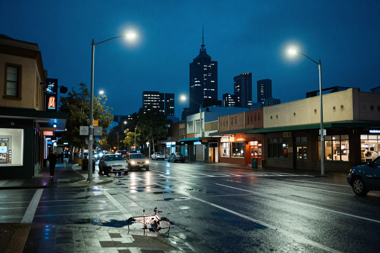 Midnight Melbourne Street Scene with Vintage 1980s Aesthetic and Local Urban Details in in Melbourne, Victoria, Australia
