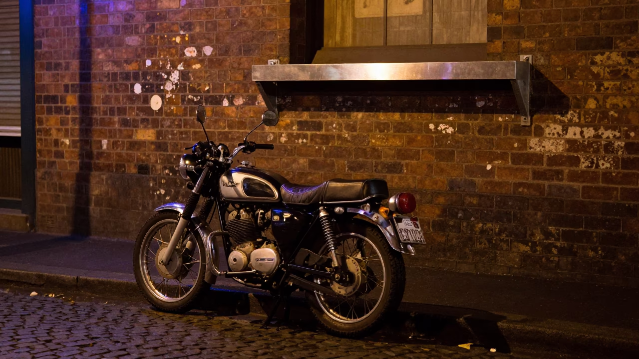 Midnight Melbourne Street Scene with Vintage Motorcycle and Neon Reflections in in Melbourne, Victoria, Australia