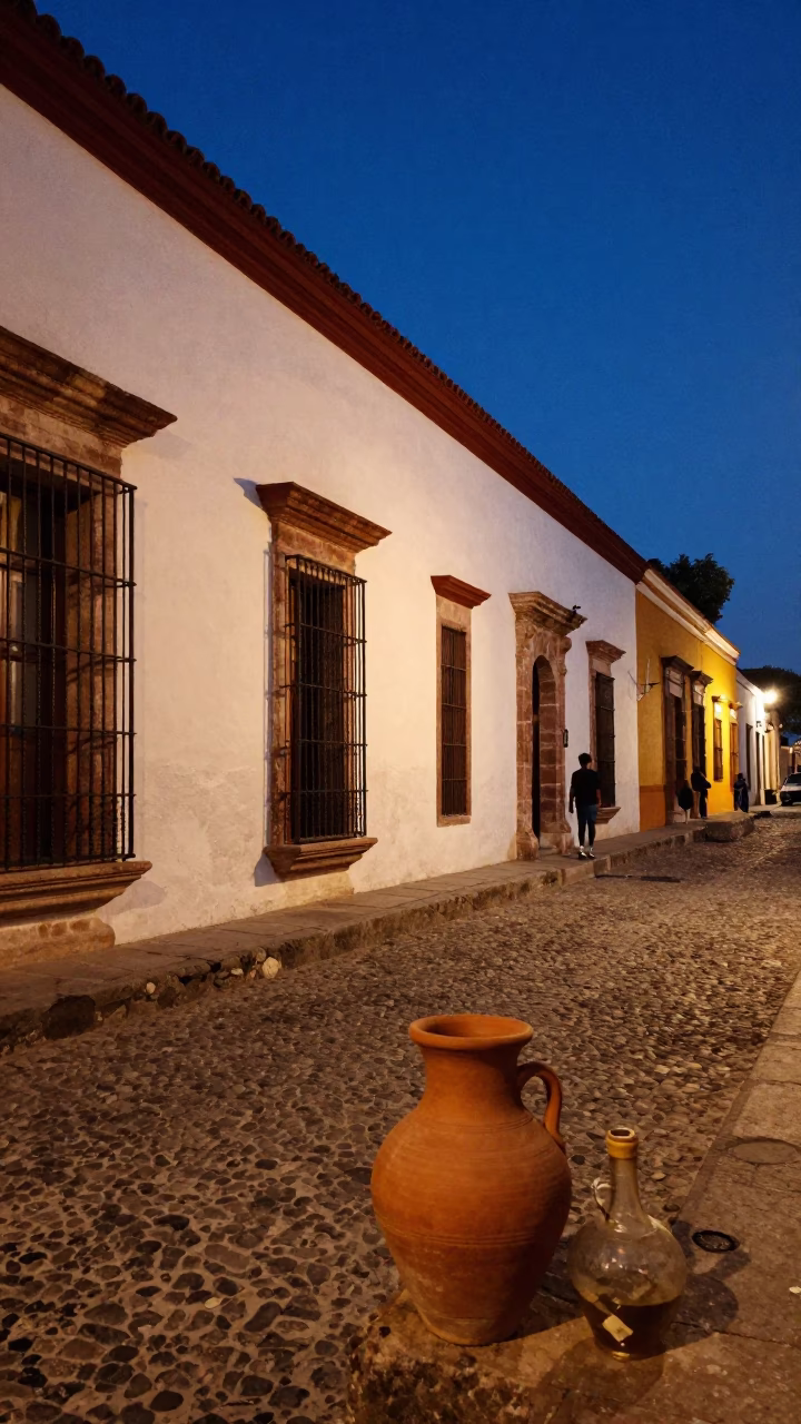 Midnight Merida Street Scene with Clay Pot and Decanter on Balcony in in Merida, Mexico