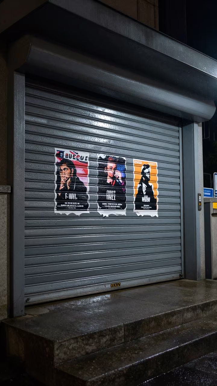 Midnight Metro Roller Door Peeling Posters Loja in outside a metro entrance in Loja
