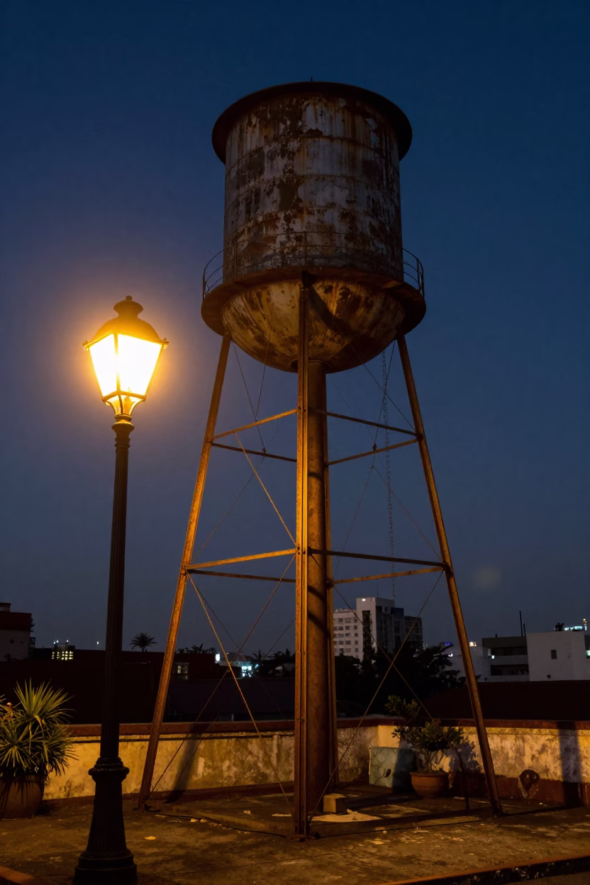 Midnight Mexico City Rooftop Water Tower and Street Lantern Light in in Mexico City, Mexico