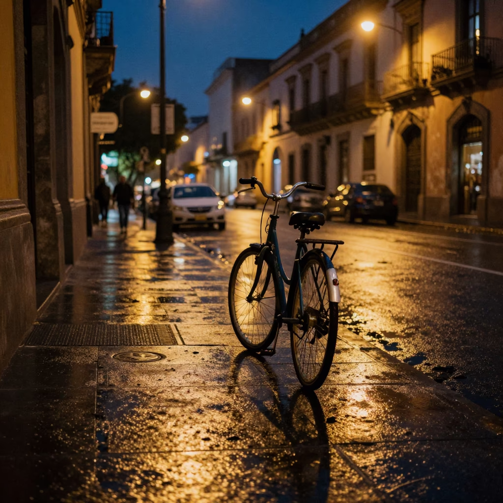 Midnight Mexico City Street Scene With Bicycle And Urban Architecture in in Mexico City, Mexico