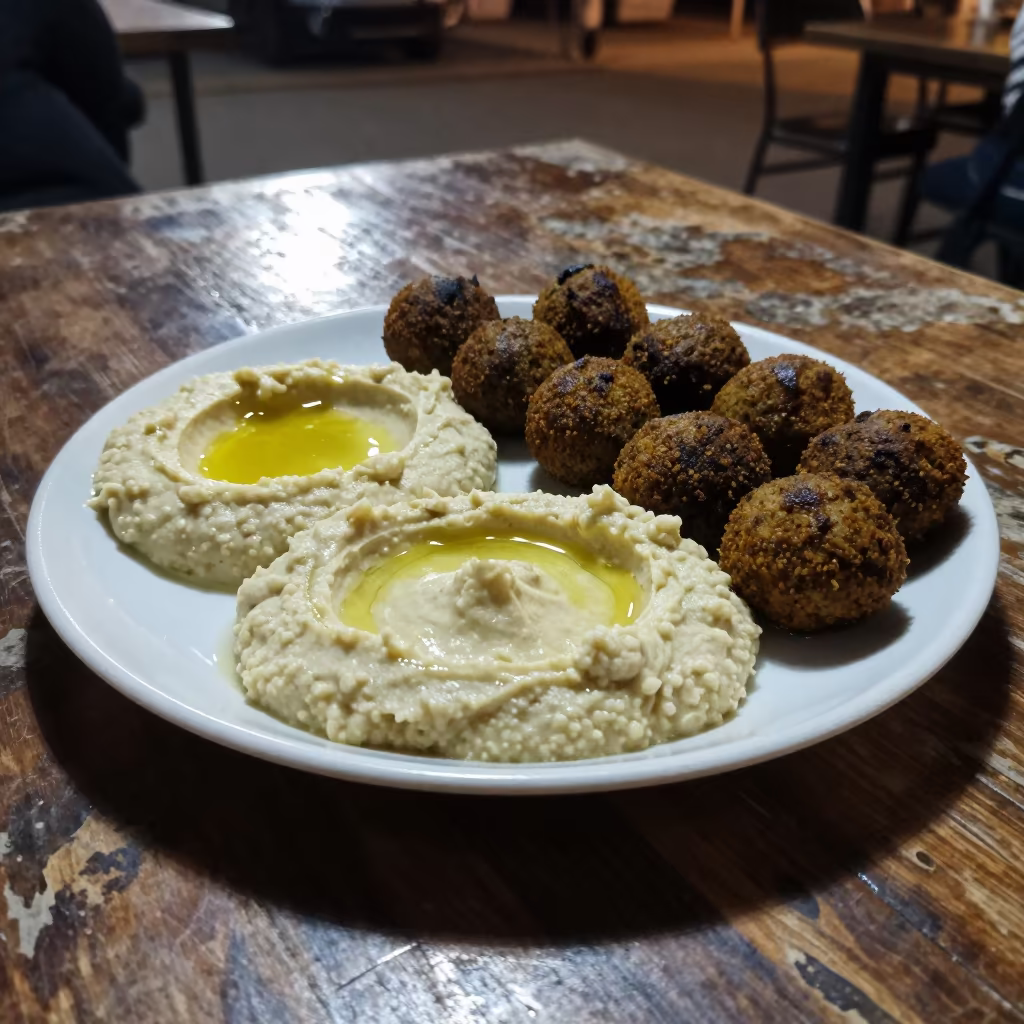 Midnight Mezze Platter Hummus Falafel Amman in on a weathered outdoor table in Amman