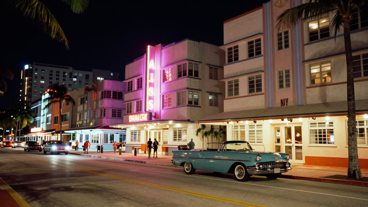 Midnight Miami Art Deco Street Scene with Vintage Car and Neon Reflections in in Miami, Florida, United States