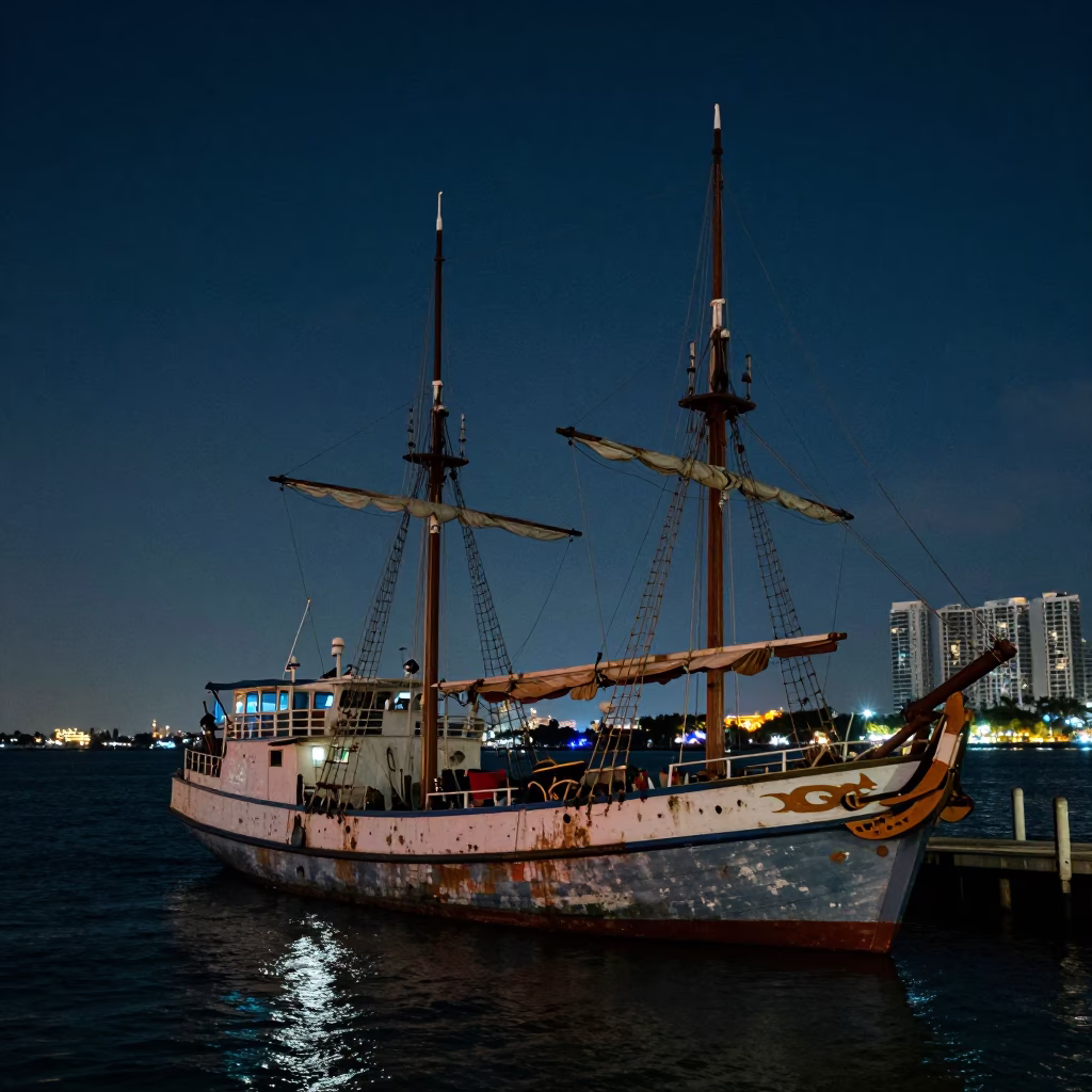 Midnight Miami Harbor Junk Boat Moored Near Neon Lit Downtown Skyline in in Miami, Florida, United States