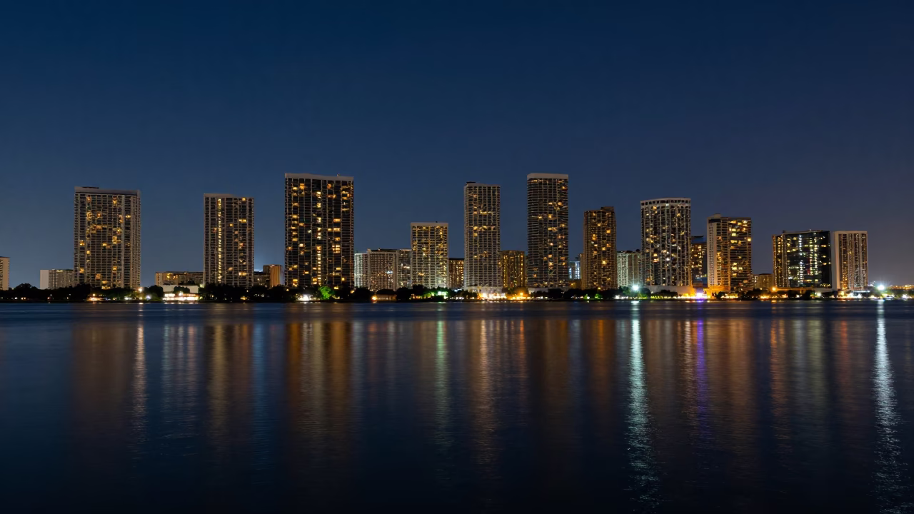 Midnight Miami Skyline Reflections on Water with Coastal Urban Night Scene in in Miami, Florida, United States