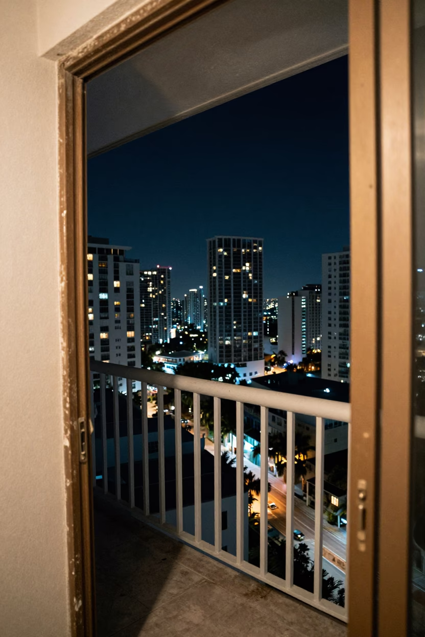Midnight Miami Skyline View from Balcony with Smudged Doorframe and Cushion Cover in in Miami, Florida, United States