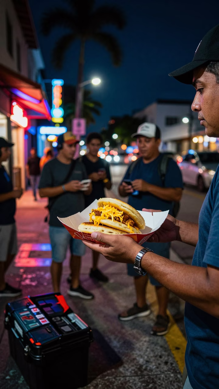 Midnight Miami Street Scene with Arepas and Toolbox Near Art Deco Architecture in in Miami, Florida, United States