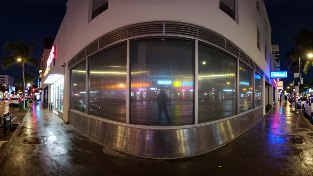 Midnight Miami Street Scene with Brushed Steel Window Glass and Urban Reflections in in Miami, Florida, United States