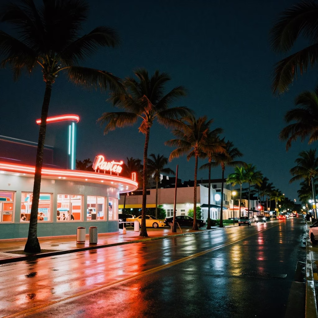 Midnight Miami Street Scene with Palm Trees and Vintage Motorcycle Sidecar in in Miami, Florida, United States