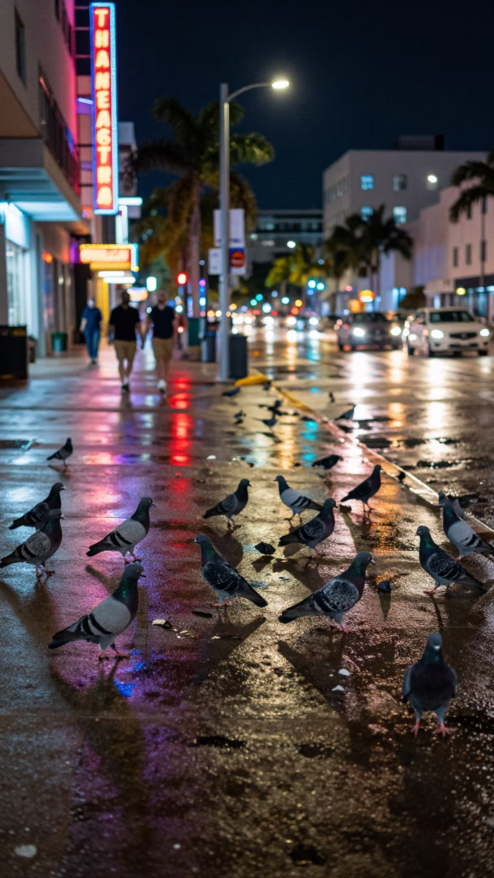 Midnight Miami Street Scene with Pigeons and Neon Reflections on Wet Pavement in in Miami, Florida, United States