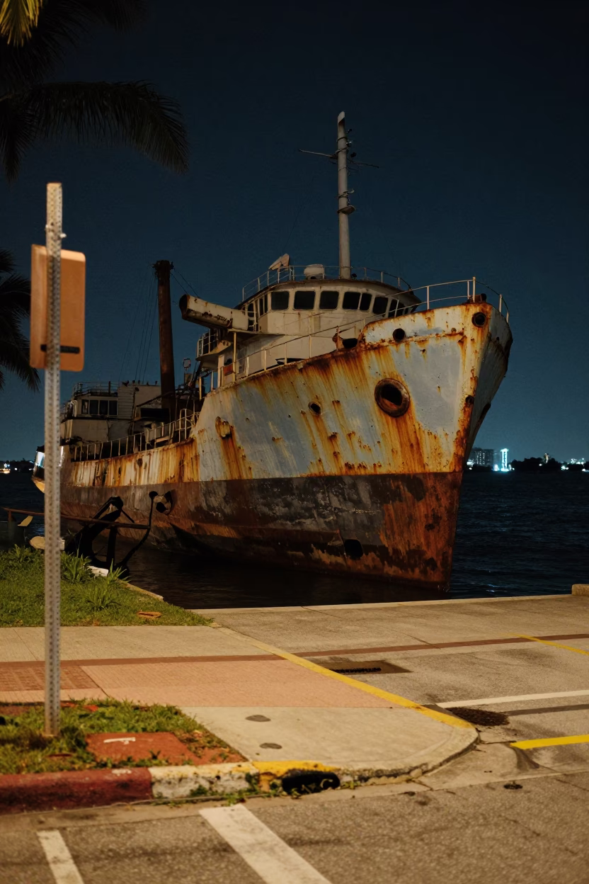 Midnight Miami Street Scene with Rusting Ship and Nickel Latch Details in in Miami, Florida, United States