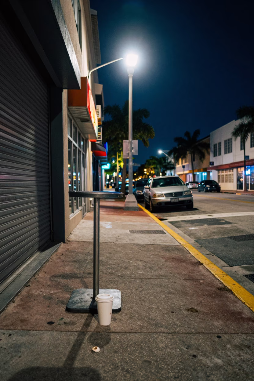 Midnight Miami Street Scene with Umbrella Stand and Espresso Cup in in Miami, Florida, United States