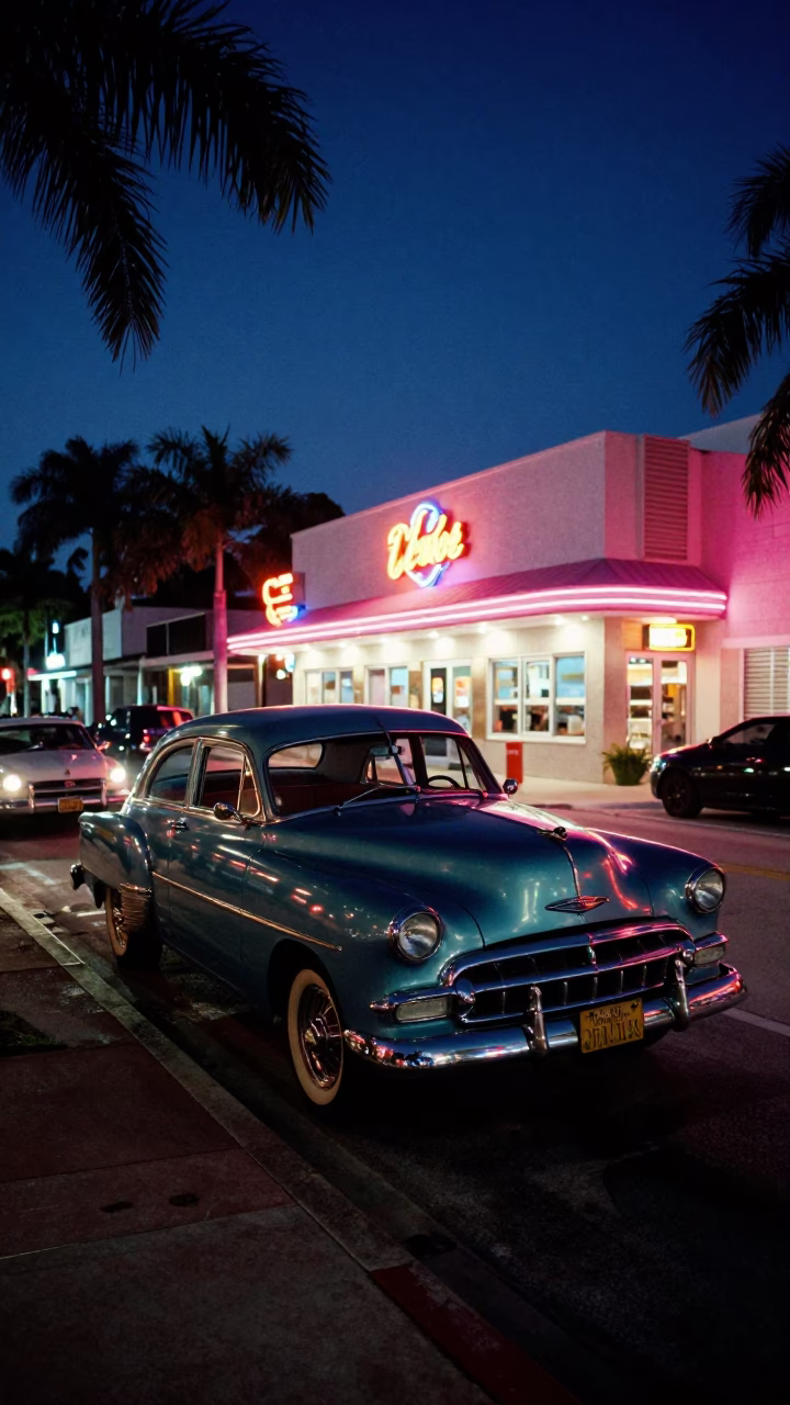 Midnight Miami Street Scene with Vintage Car and Neon Lights in in Miami, Florida, United States