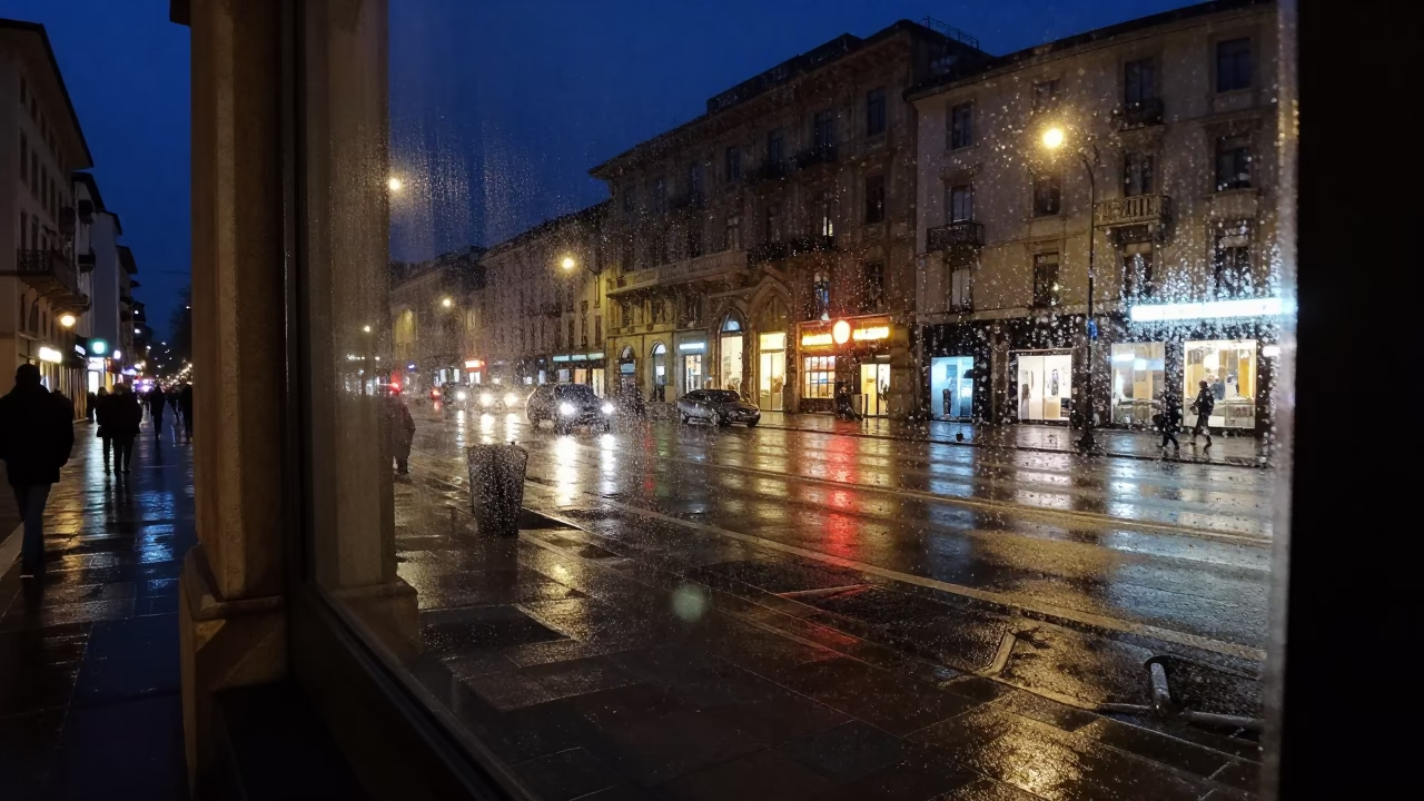 Midnight Milan Street Scene with Condensation on Window Glass and Urban Architecture in in Milan, Italy