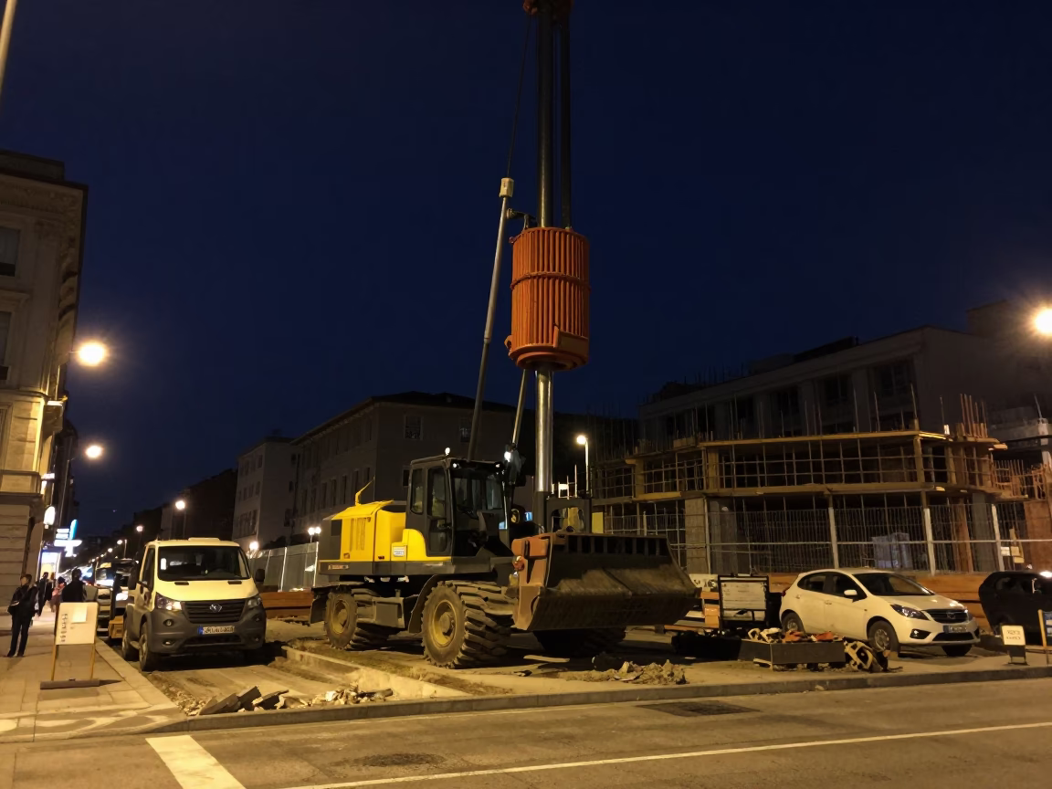 Midnight Milan Street Scene with Construction Pile Driver Under Deep Night Sky in in Milan, Italy