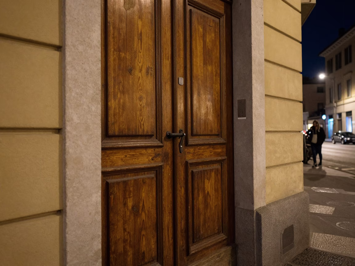 Midnight Milan Street Scene with Iron Deadbolt and Nickel Latch Under Deep Night Sky in in Milan, Italy